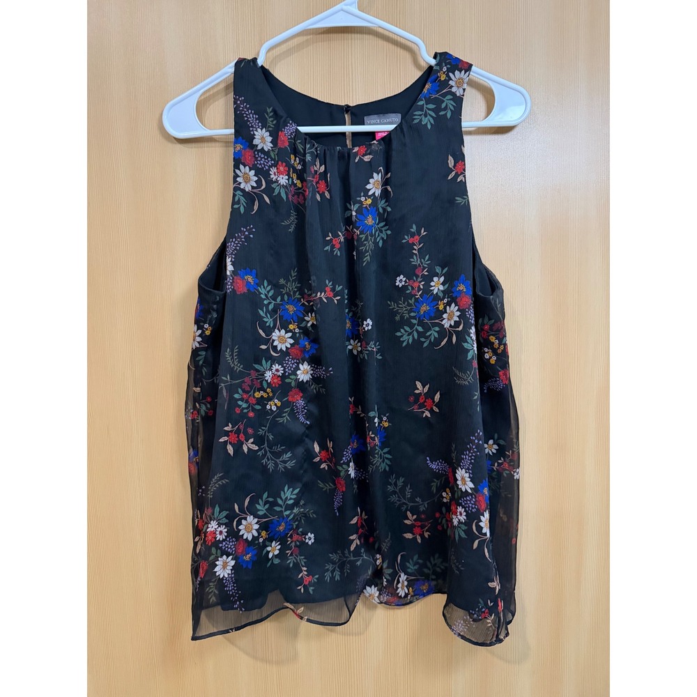 Vince Camuto Black Floral Chiffon Sleeveless Blouse Pleated Neck Keyhole Back M